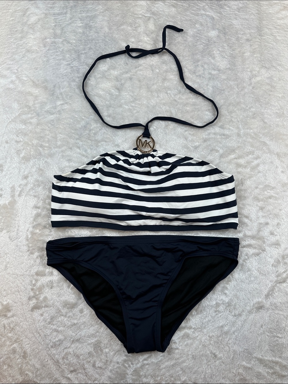 MICHAEL Kors Size M Black & White Striped Bandeau Bikini Logo Pendant Swim Beach